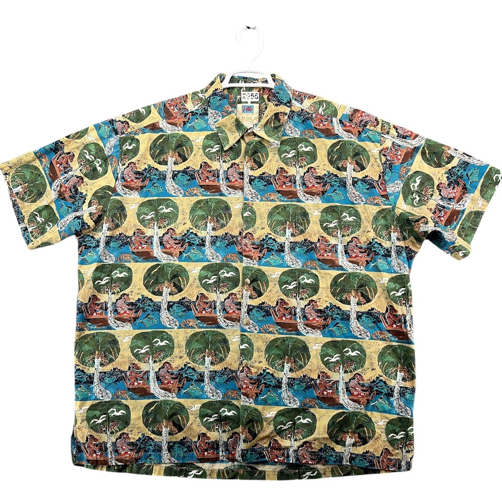 Kahala Shirt Mens XXL Yellow AVI Collection Hawaiian Islands Cotton Canoe Print
